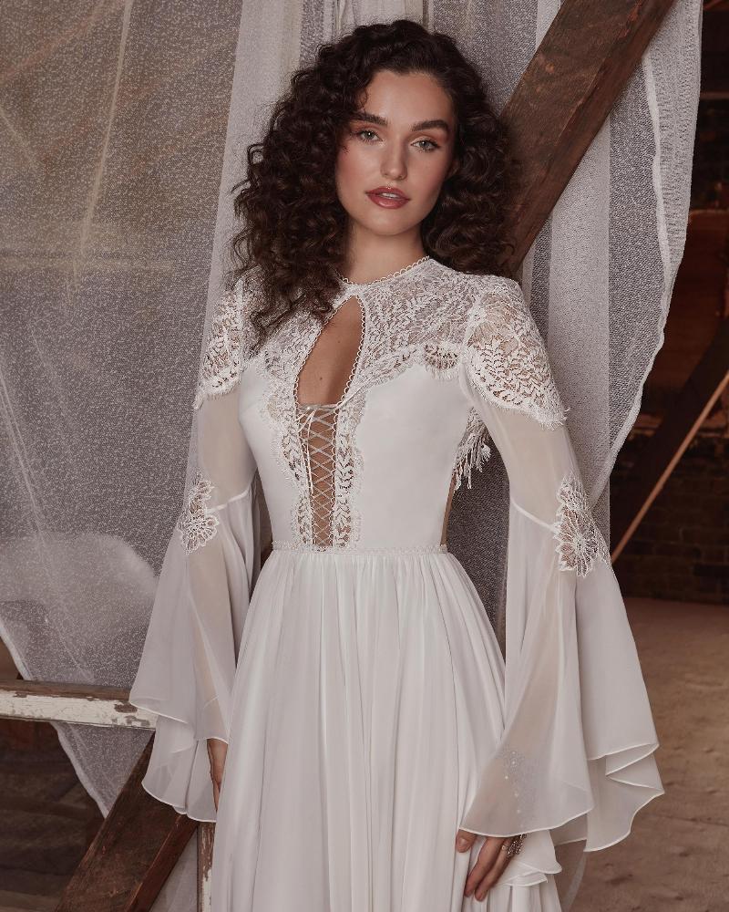 Lp2121 a line boho wedding dress with bell sleeves and slit3
